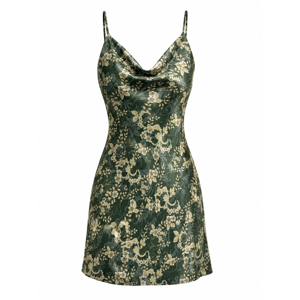 Urban Outfitters Green Satin Floral Cowl Neck Mini Slip Dress - Size L - Picture 3 of 9
